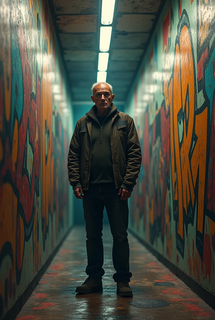 Man looking at camera in a room with four walls and no door with a central vanishing point and aerial perspective with graffiti on the walls 