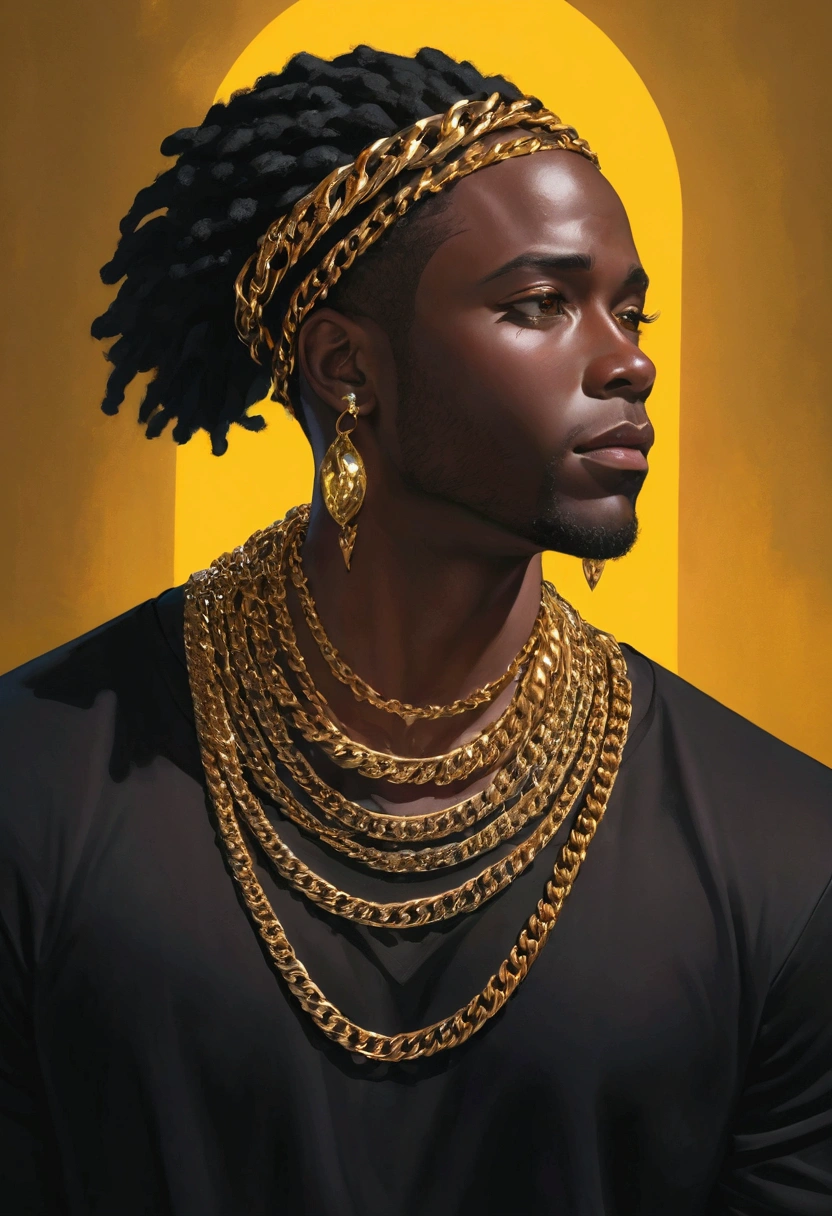A black man wearing flashy gold Chains, flamboyant clothing, detailed fashion, dramatic pose, dynamic lighting, hyper-realistic, cinematic, striking colors, vibrant, moody, high contrast, Superb composition, elegant and simple background，meditative mood，(masterpiece), best quality,
