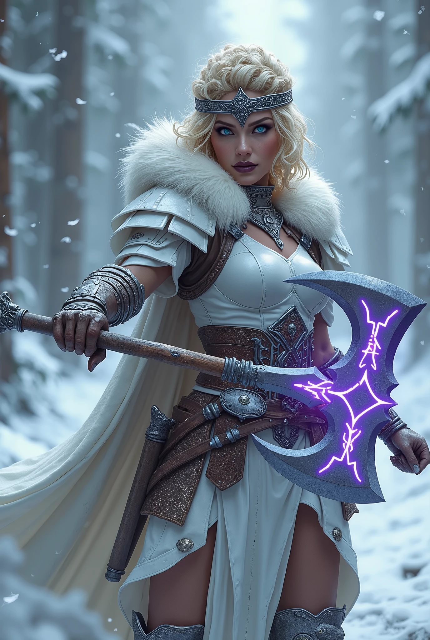 ((upper torso, armored female barbarian savage, battle worn white lacquered gloss armor:1.6, fur, white cloak, ((((supermodel, triangularface, pointed chin)), short curly [bright blonde hair:tan hair:0.7], black lips))), iceblue eyes, blackout eyeshadow, iron tiara), braids, massive glowing purple rune engraved greataxe, windy, outdoor frozen snow snowy forest, dynamic battle pose, lunging, side view
