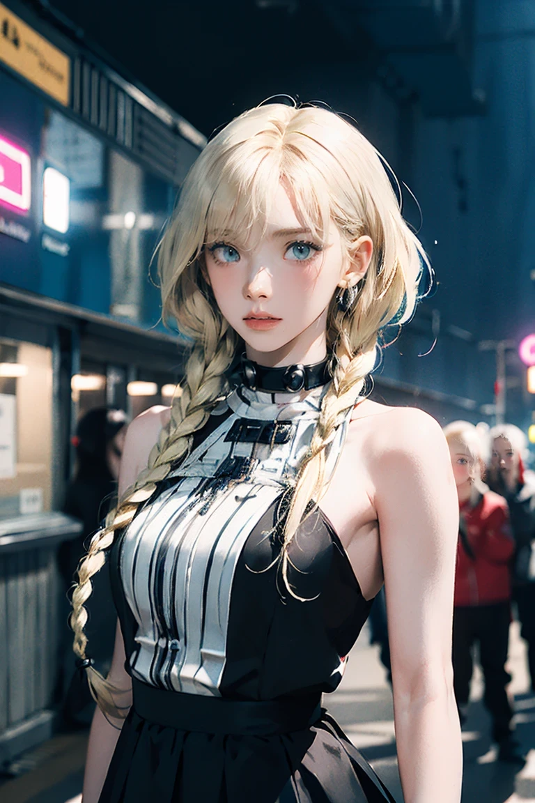 Large Breasts, 8k, masterpiece, RAW Photos, Highest quality, detailed:1.2),Realistic, extremely detaileded CG unity 8k wallpaper, Lens flare, (Very beautiful face, Beautiful red lips, Beautiful Eyes), intricate detailed face, ((ultra detaileded skin)), One person, cute, (slim, Toned, muscular body:1.3), (Raced ドレス), (((city night, (Neon Signs), (night))), pantyhose, (((blue eyes))), ((Upper Body Shot)), とてもslim, ((((Blonde hair twin braids)))), (((Silver: pink: Skirt Dresses: gloves Race)))))), 3d, Rich colors, (Black Makeup:1.3), (Race stockings with garters, cord trim, Race), (Intricate detaileded multi-layer bodysiut lacy Race-upp), neckRace, bRacelet,Browsing Caution,