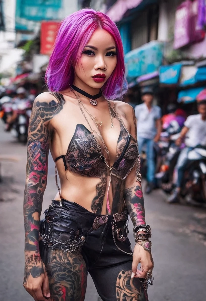 An enticing devil ( woman,  black skin tight outfit, violet eyes, extensive purple tattoos, pink skin, chromatic hair, red hot metal chains wrapped around arms and dangling), streets of bangkok
