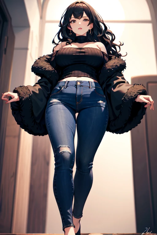 ((Best Quality)), ((masterpiece)), (detailed), 1 girl, off shoulder sweater, blue jeans, neckline, wavy fur,26 years, Red high heels, big breasts,wide hip,((view from below)),(Whole body))