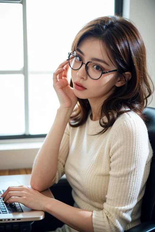(Japanese girl concentrating on her work、Staring at the monitor、Working on a computer、Japan Office)、(Realistic、Like a photograph、Live Action、8K, Realistic, RAW Photos, Best image quality: 1.4), Single-lens reflex camera、RAW Photos, Highest quality, Realistic, Very detailed CG Unity 8k wallpaper, Written boundary depth, Cinematic Light, Lens flare, Ray Tracing, Realistic background、(Wear glasses、tight turtleneck long sleeve knit:1.4、Long skirt:1.1、Big Breasts)、((ultra high density skin))、 Cute Japanese Woman、((whole body:1.5),short hair:1.2、Short Ponytail、tie your hair with a hair clip、I like that style、stylish、Very detailed、Pay attention to the details、Perfect outfit、(Sunburned skin)、Side view、View from the seat next to you
