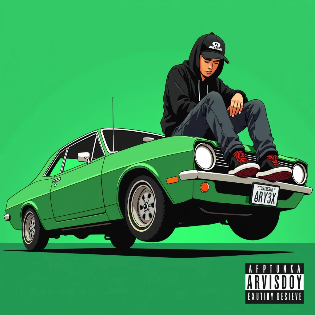 G-FUNK Hip Hop album cover, green background, green car, with the words 'If WONA behemes a gangster' on the back of the picture, an Asian teenager wearing a black LA hoodie, a black LA ball cap with a deep press and a wide pair of jeans down, a troublemaker boy sits on the bonnet of a car and lets the car out to the side