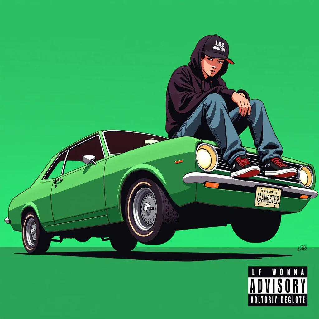 G-FUNK Hip Hop album cover, green background, green car, with the words 'If WONA behemes a gangster' on the back of the picture, an Asian teenager wearing a black LA hoodie, a black LA ball cap with a deep press and a wide pair of jeans down, a troublemaker boy sits on the bonnet of a car and lets the car out to the side