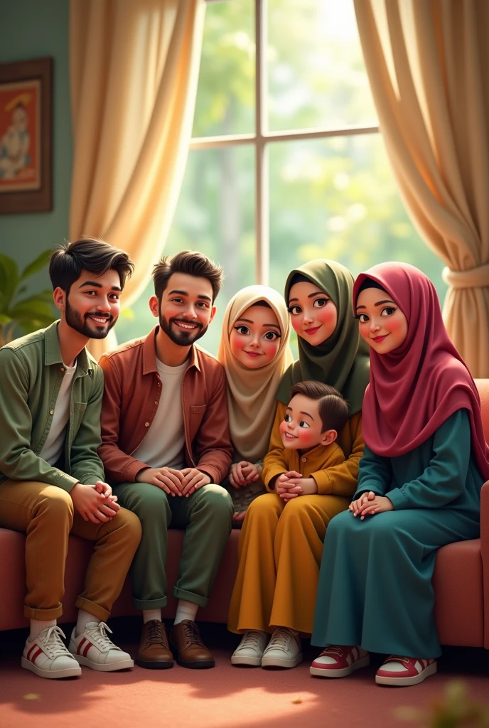 (3 hijabless male sitting), (3 hijabbed females sitting), caricaturized, cute face, casual fashion, fantasy art, happy expression, extreme detail, masterpiece, cinematic lighting, 4k, indoor background