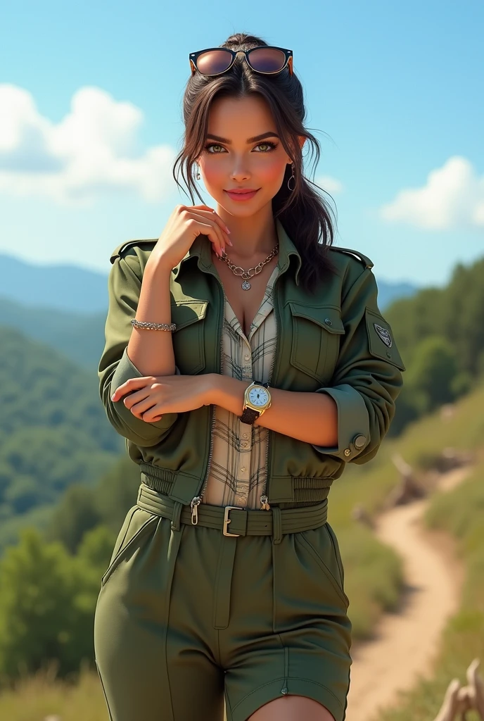 Full body beautiful white skin latin woman, 5'7" tall, ponytail medium brown hair, deep green eyes, wearing green military flight suit, open zipper, rolled up sleeves, plaid formal button down blouse with up collar over, happy smile, walking outside, high hill sandals, summer sunny day, bag, crossing arms, hand under chin, sun glasses over head, watch and bracelet, neck chain