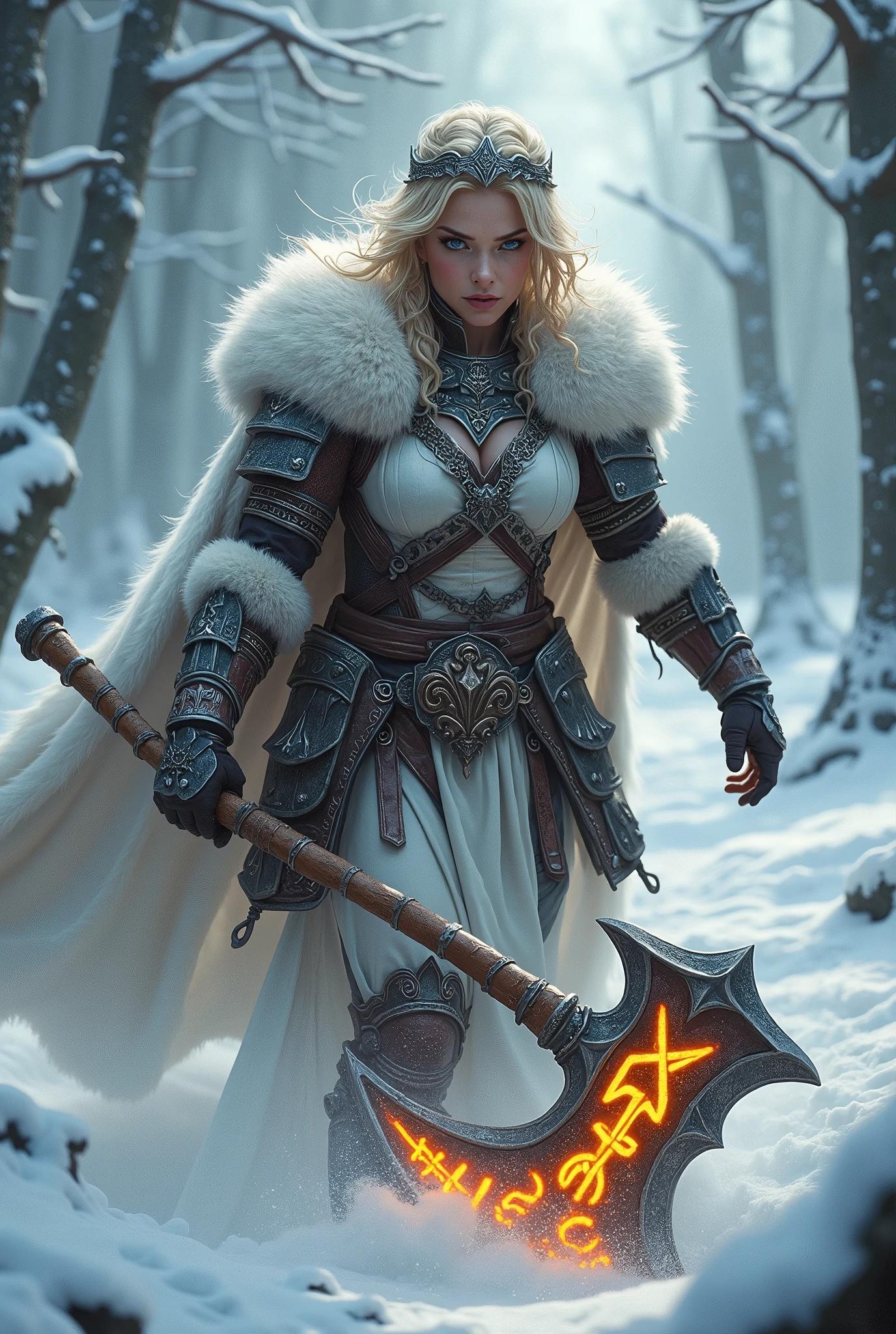 ((upper torso, armored female barbarian savage, battle worn white lacquered gloss armor:1.6, fur, white cloak, ((((supermodel, triangularface, pointed chin)), short curly [bright blonde hair:tan hair:0.7], black lips))), iceblue eyes, blackout eyeshadow, iron tiara), braids, massive glowing orange rune engraved greataxe, windy, outdoor frozen snow snowy forest, dynamic battle pose, lunging, side view

