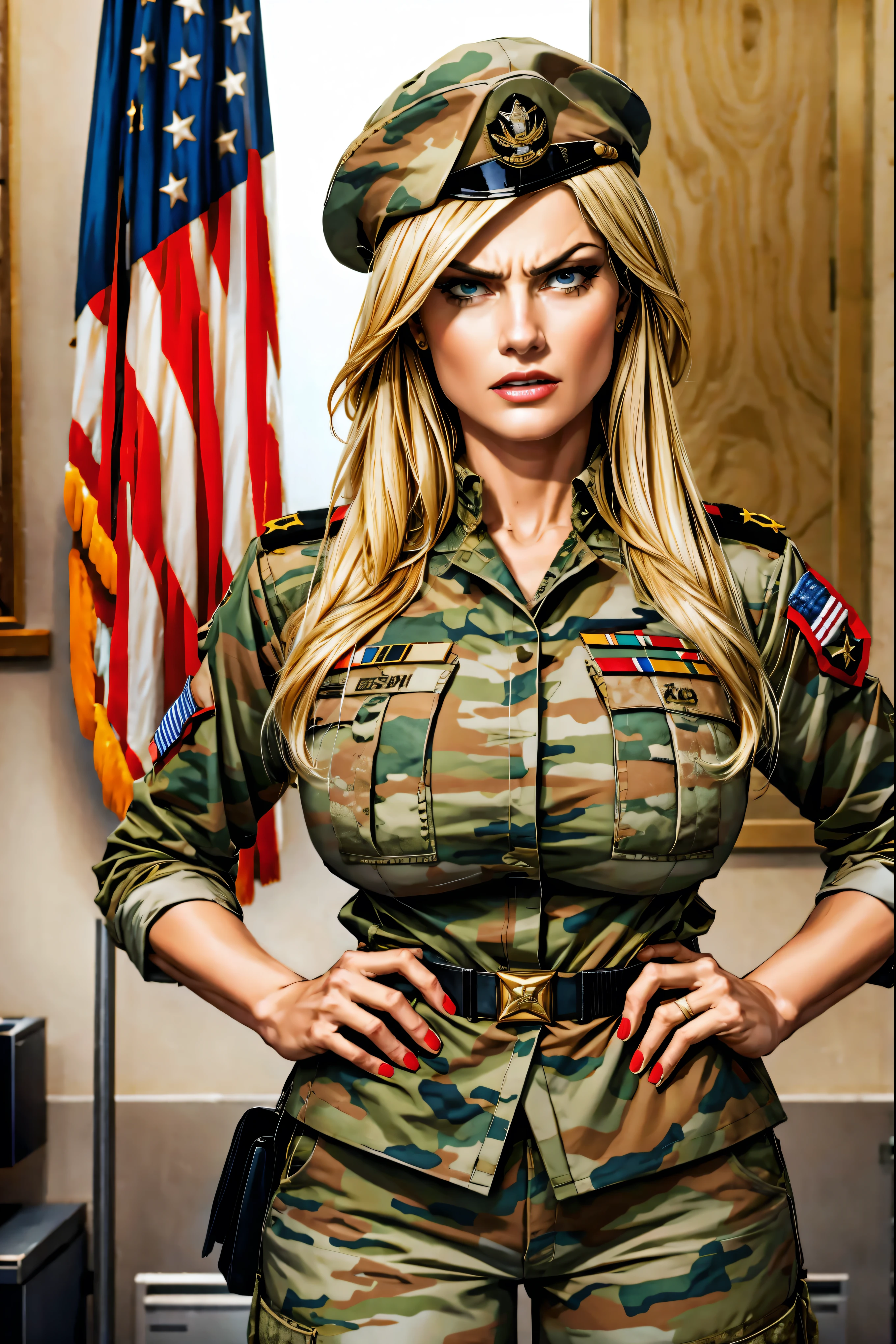 ell3nr0ch3, dressed as a US Army general {military uniform and hat}, on alert, looking angrily at the spectator, in a headquarters