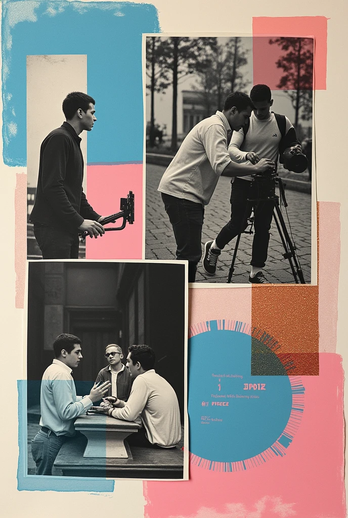 I have to creatively create a poster for a film festival, The theme is to intervene in history and requires using square or rectangular photos that can be cut or crumpled, other than black and white, of students making films., The photos are not related to each other and remain in black and white out of nostalgia.. I must use elements of intervention on the black and white photos, an official palette of pastel sky blue, pastel pink and a pastel copper color, They want me to intervene in the images in a sober and experimental way with different techniques and these colors, with crayons, figures embroidered on the image, Textures, collage, etc. The name of the film festival is FICUC.  I want you to create suggestions for the poster right now, Make it look handmade and remember that the poster is advertising a film festival. Let it be ingenious, epic and visually communicate the theme of cinema and creativity. Don&#39;t forget to leave a space for the name of the festival.
