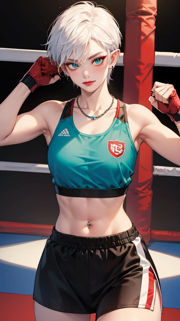 8k, masterpiece, best quality, highly detailed, 1 girl, elf, pixie cut, multicolored hair, very short straight hair red highlight hair on white hair, strippled hair, earrings, navel piercing, red eyeshadow, long eyelashes, blushed cheek, red lips, pearl necklace, rings, collarbone, muscular, mole on face, glamorous, teal and purple clothes, sleeveless, sport skirt, sport bra, smirk, close up view, rings, looking at viewer, boxing gym, boxing glove, MMA