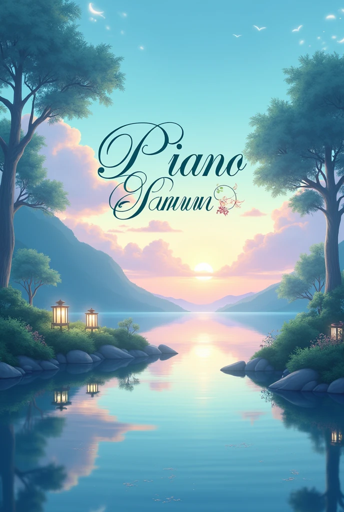 "A serene and calming anime-style YouTube channel banner for 'Serene Piano Sounds'. The image should be designed for a wide and narrow banner format. The background should feature a tranquil anime scene, such as a soft sunset over a gentle sea or a peaceful forest with glowing lanterns. Use pastel colors like light blue, mint green, and soft lavender to create a soothing atmosphere. The text 'Serene Piano Sounds' should be prominently displayed in an elegant, anime-style font, centered or slightly off-center, with a subtle glow or decorative accents to ensure it stands out against the calm background. Ensure the text is clear and easily readable."