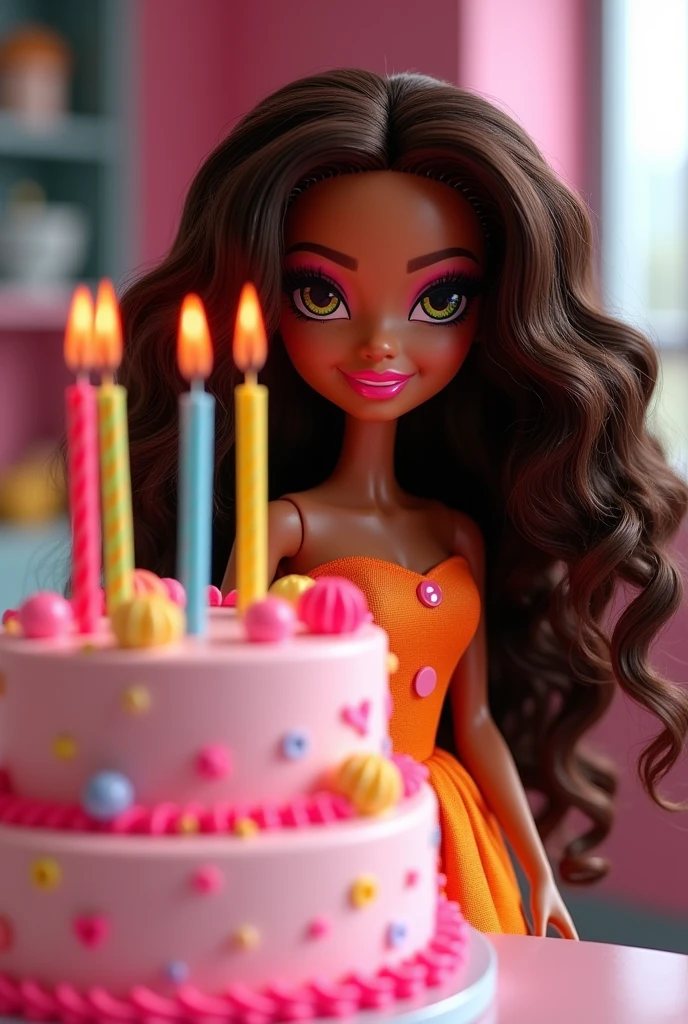 Bratz doll with curly long brunette hair and a 46th birthday cake
