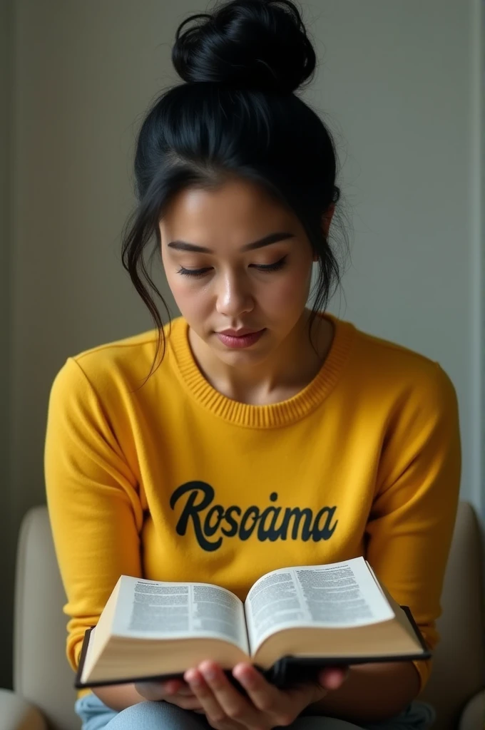Generates an adult white Venezuelan woman with black hair tied back in a classic bun, dressed in a yellow short-sleeved sweater with the name Rosaima written in the center, holding a large Bible in her hands, turned upside down, showing its pages, making it look like she is reading it, and the Bible is in a position like she is lying down, but not quite lying down.
