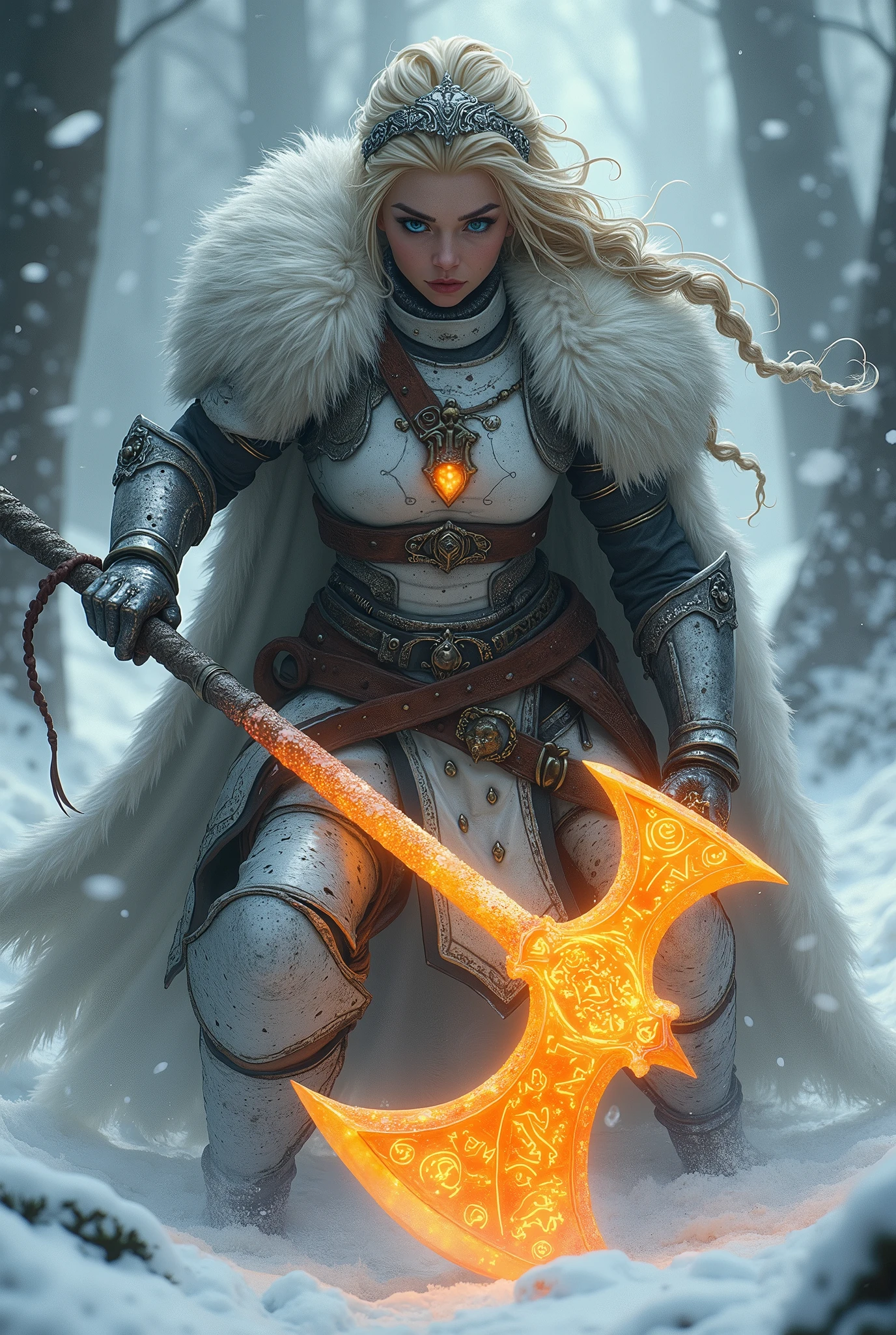 ((upper torso, armored female barbarian savage, battle worn white lacquered gloss armor:1.6, fur, white cloak, ((((supermodel, triangularface, pointed chin)), short curly [bright blonde hair:tan hair:0.7], black lips))), iceblue eyes, blackout eyeshadow, iron tiara), braids, massive glowing orange rune engraved greataxe, windy, outdoor frozen snow snowy forest, dynamic battle pose, lunging, side view

