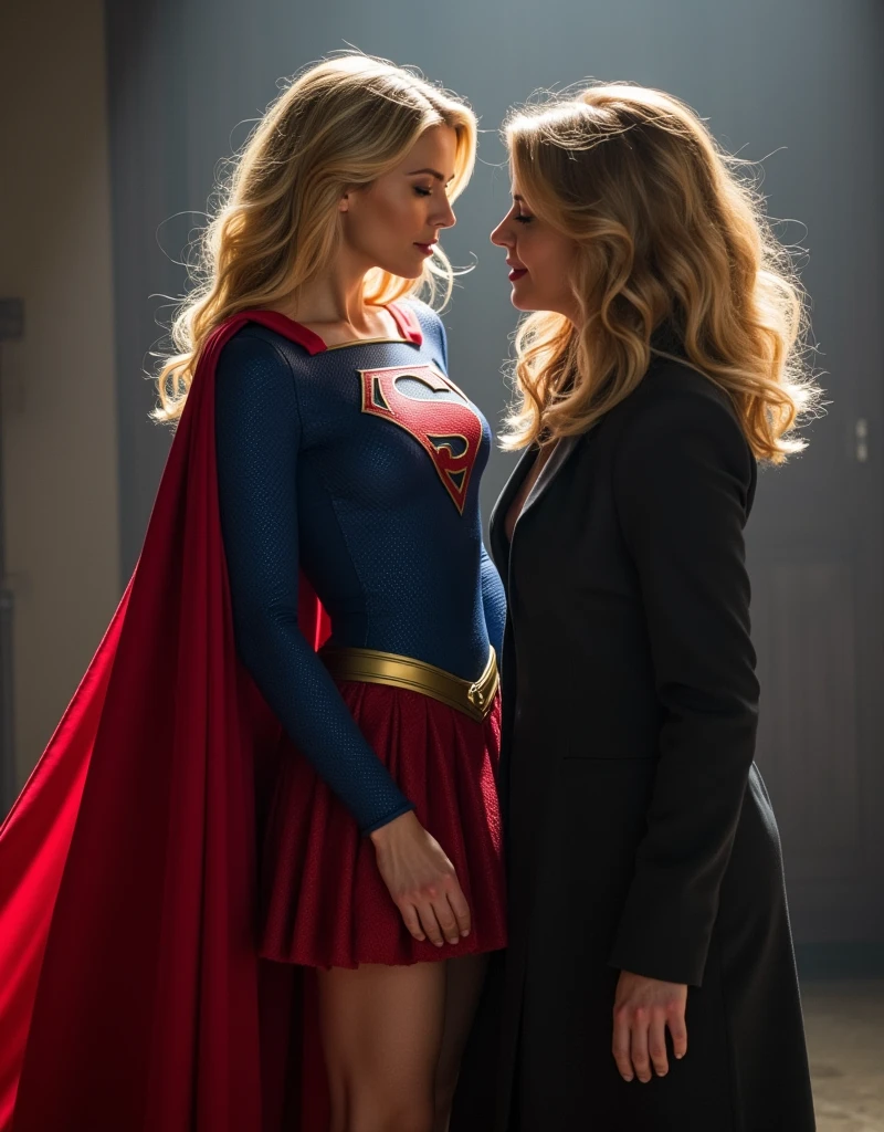 MELIISSA BENOIST AS SUPERGIRL IN HER SUPERGIRL COSTUME AND CAPE BENDING OVER. LENA LUTHER WALKS UP BEHIND SUPERGIRL AND SPANKS SUPERGIRL ON HER ASS CHEEKS.