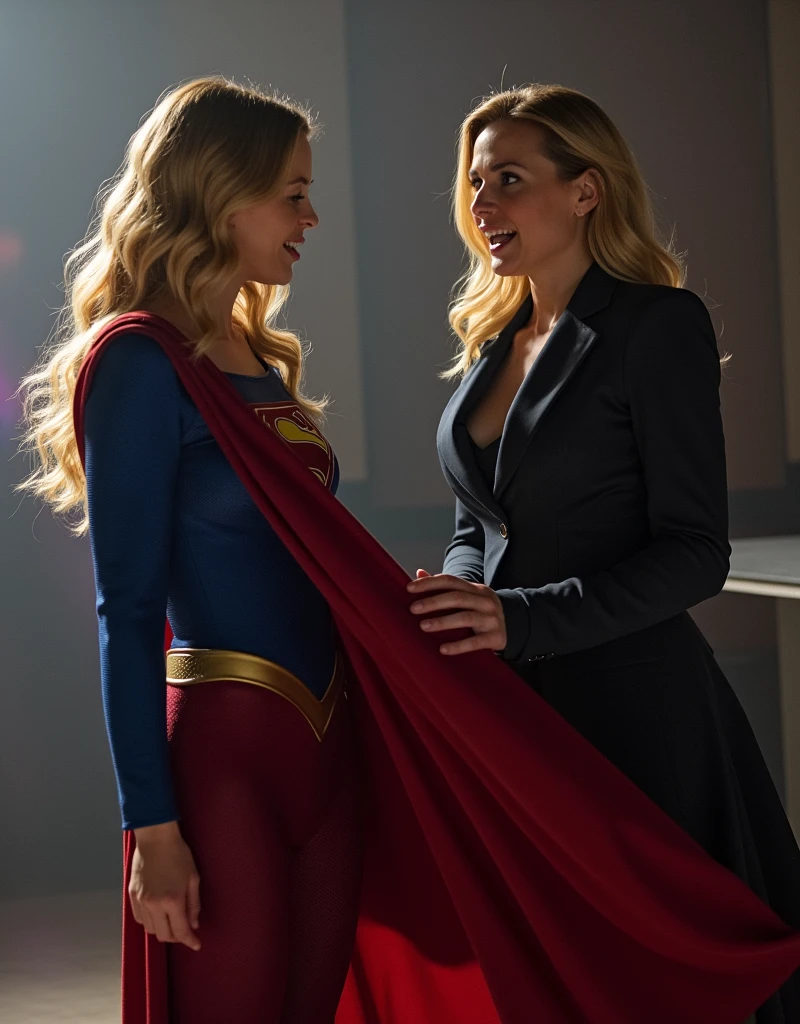 MELIISSA BENOIST AS SUPERGIRL IN HER SUPERGIRL COSTUME AND CAPE BENDING OVER. LENA LUTHER WALKS UP BEHIND SUPERGIRL AND SPANKS SUPERGIRL ON HER ASS CHEEKS.