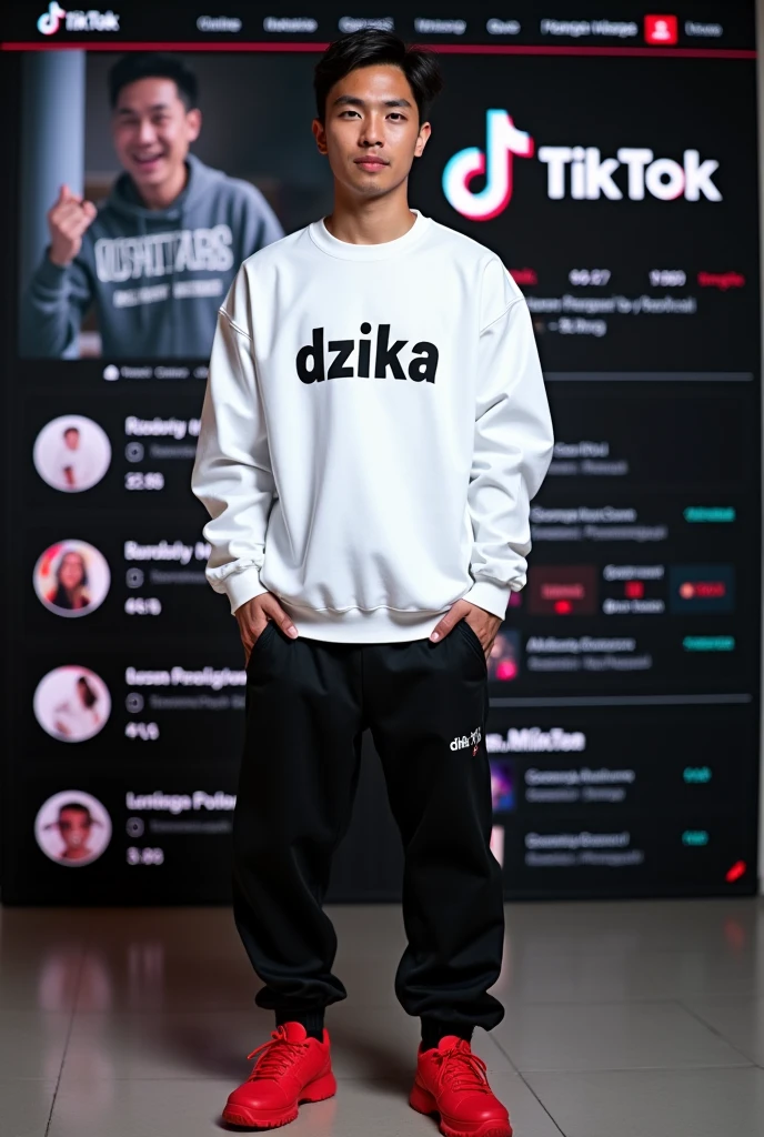 Adult male tiktok profile photo, Indonesia wearing white clothes with the words &quot;dzikra&quot; written on it,  Black Pants, red shoes on tiktok logo with tiktok homepage follower background