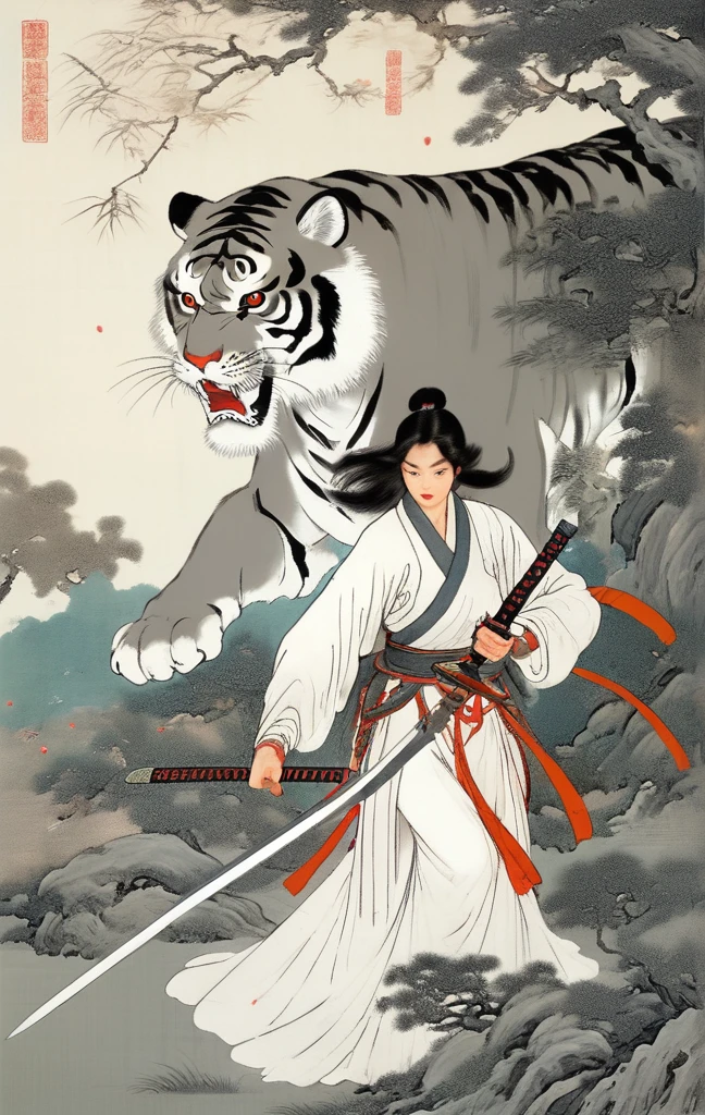 White silk cloth is cut into the shapes of tigers and female swordsmen and arranged three-dimensionally to resemble a painting, The background is also made of white silk cloth, arranged like a path in a forest surrounded by trees, The silk cloth shines beautifully in the light, creating a three-dimensional effect, A female swordsman rides on the back of a tiger and wields a sword