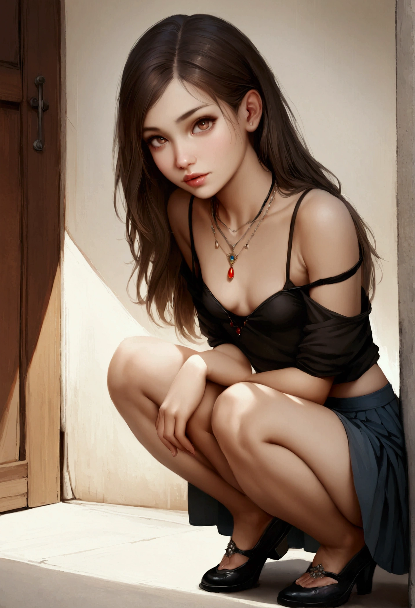 1girl 13 year old, solo, long hair, small breasts, looking at viewer, brown eyes, jewelry, necklace, off shoulder, skirt , skinny, lips, realistic, nose, flirting, cleavage, perfect eyes, squatting, tight panties, cameltoes
