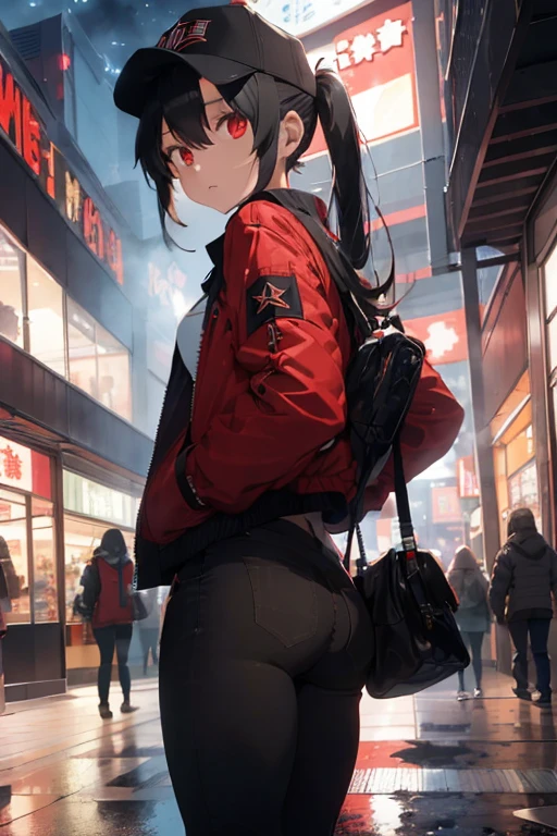 1 female, white twintail hair, red eyes, black jacket, black jean, cap, in mall, night, smoke cigarette, naughtry, legs