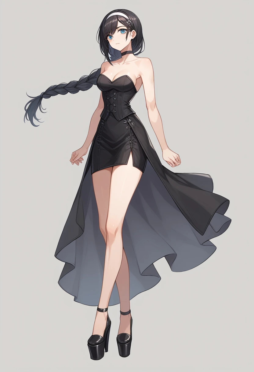 ((ultra detailed, masterpiece, best quality)) FF8Rinoa, 1girl, solo, single braid, blue eyes, black hair, white hairband, black choker, medium Breasts hanging, black corset strapless sexy, white sexy miniskirt, sexy long legs, black platform high heels wedges,  full body shot 