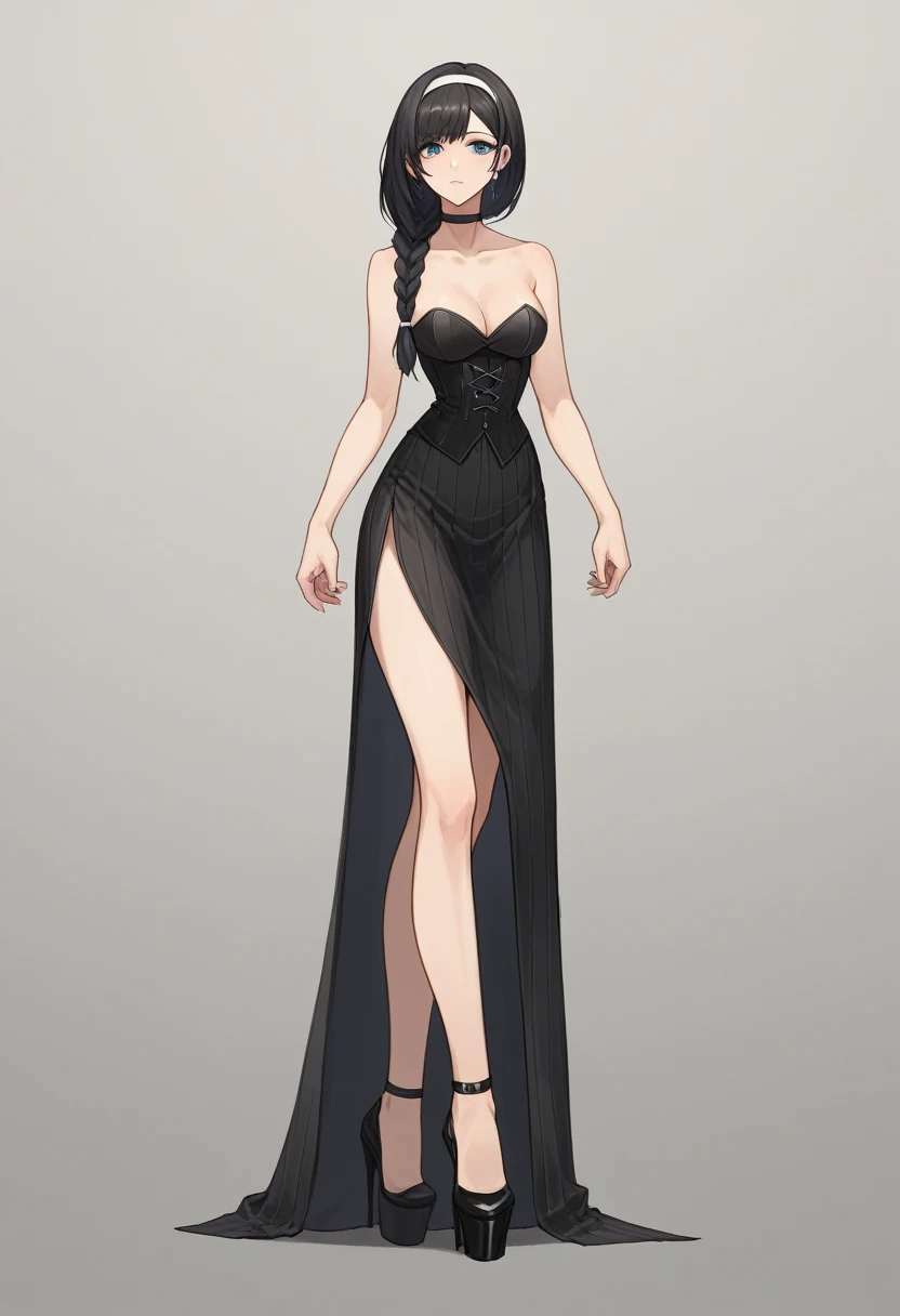 ((ultra detailed, masterpiece, best quality)) FF8Rinoa, 1girl, solo, single braid, blue eyes, black hair, white hairband, black choker, medium Breasts hanging, black corset strapless sexy, white sexy miniskirt, sexy long legs, black platform high heels wedges,  full body shot 