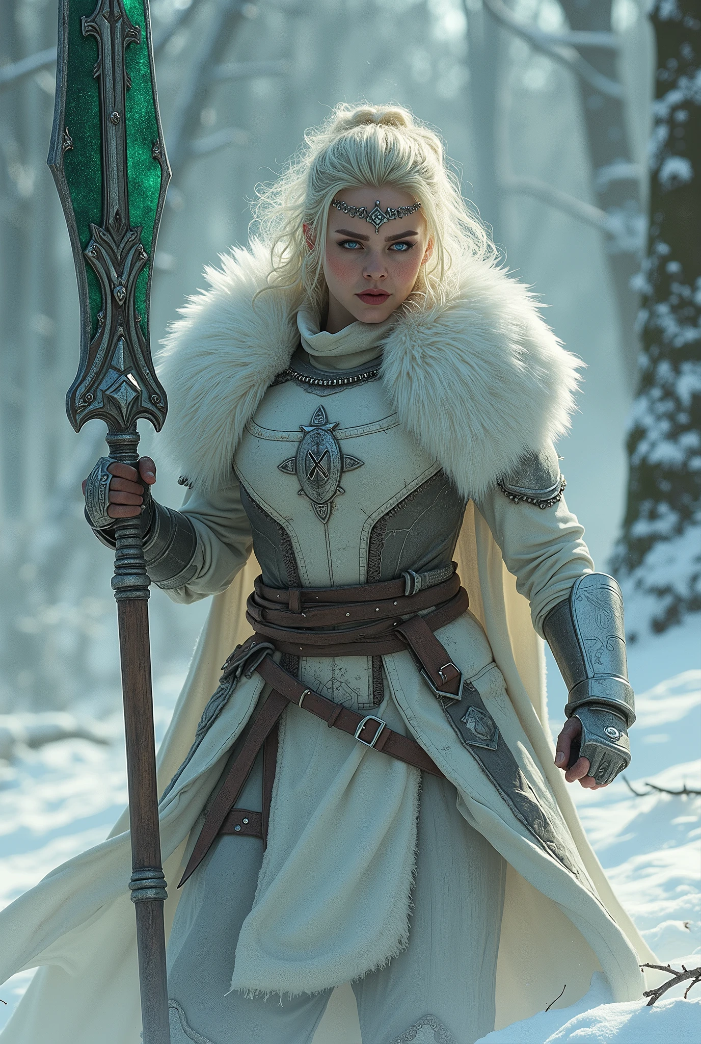 ((upper torso, armored female barbarian savage, battle worn white lacquered gloss armor:1.6, fur, white cloak, ((((supermodel, triangularface, pointed chin)), short curly [bright blonde hair:tan hair:0.7], black lips))), iceblue eyes, blackout eyeshadow, iron tiara), braids, massive glowing green rune engraved halberd, windy, outdoor frozen snow snowy forest, dynamic battle pose, lunging, side view
