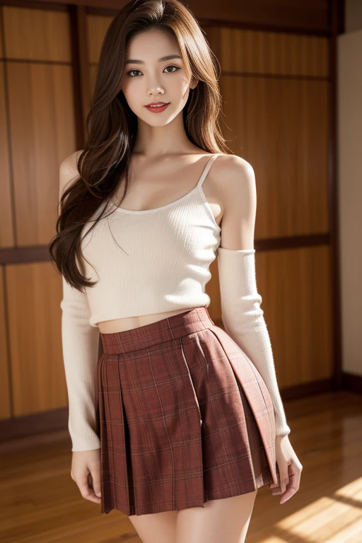 Highest quality, realistic, detailsดีเยี่ยม, exquisite, high resolution, 8K wallpaper, 1 beautiful woman, Light brown messy hair. Wearing Japanese school uniform., Short red plaid skirt, Show off your sexy navel, Open chest shirt, And show your face, Open chest..., revealing breasts, open shoulder, Beautiful legs, mannequin, Thin waist, small body, Wear high heels. Sharp focus, Perfect dynamic composition. Beautiful and detailed eyes, beautiful red lips, Thin hair, detailed realistic textures, smile, close up, model'shape of, Wear gloves, perfect body, allow'He already has a six pack.., details: Sit cross-legged at eye level...)、((Sit on the hood of a luxury car and open your legs...))、Sunburn, Tan skin tone