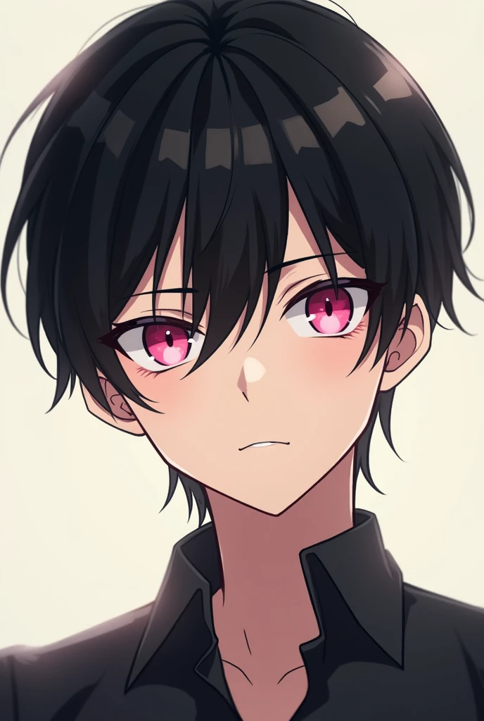 Create a Young Male, dark haired and pink eyed, with a serious expression He is wearing a dark shirt. His hair has bangs parted in the middle.. Make it in 2D anime style drawing