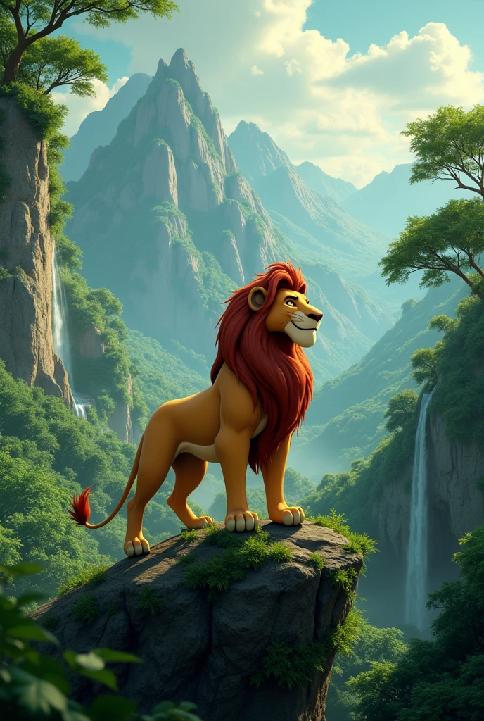 lion king character , landscapes in green tones , Mountain , jungle