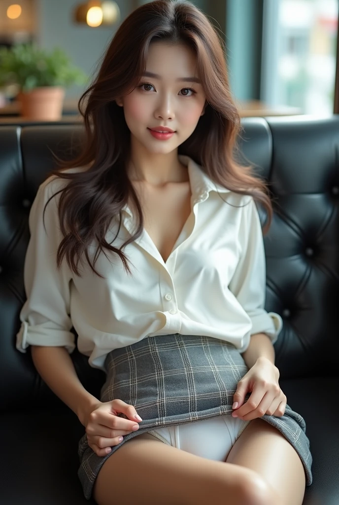 ((Highest quality, 8k, masterpiece: 1.3)), Beautiful Chinese, Pure, Melon face, Gentle and cute, A light smile, Pure desire, Slender body, (front), (Tilt your head), Long brown wavy hair, Windblown Hair, Long, flowing shoulders, Big, round, black eyes, Round Glasses, Clear, big eyes, Moist red lips, sweet, Lie with legs apart on a comfortable black sofa in a cafe shop, Blurred Background, Bright lighting, Open your mouth, Eyes that plead, ((((whole body)))), Sexy thin legs, Small and hard breasts, Lift up your skirt, ((slim and muscular body)), (M-foot:1.5), ((Lift up your skirt:1.5)), Wearing a white short-sleeved collared shirt, (Open shirt:1.3), Grey Plaid Pencil Micro Skirt, White panties under skirt, Tilt your head, (Raise the hand, Raise your arms above your head), Focus on her legs