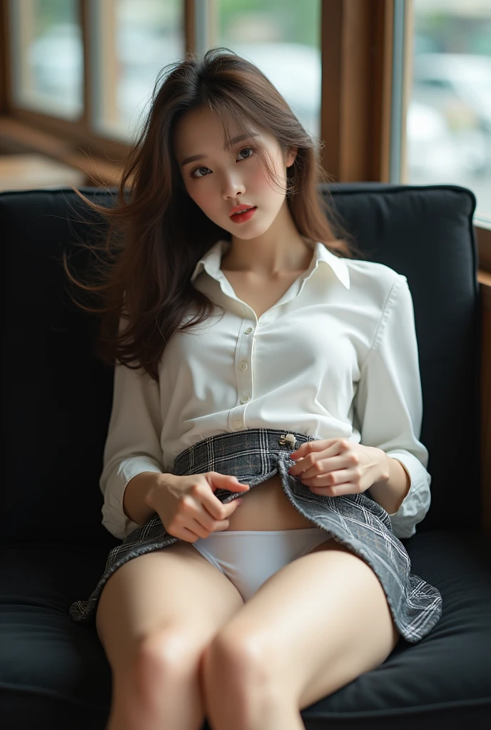 ((Highest quality, 8k, masterpiece: 1.3)), Beautiful Chinese, Pure, Melon face, Gentle and cute, A light smile, Pure desire, Slender body, (front), (Tilt your head), Long brown wavy hair, Windblown Hair, Long, flowing shoulders, Big, round, black eyes, Round Glasses, Clear, big eyes, Moist red lips, sweet, Lie with legs apart on a comfortable black sofa in a cafe shop, Blurred Background, Bright lighting, Open your mouth, Eyes that plead, ((((whole body)))), Sexy thin legs, Small and hard breasts, Lift up your skirt, ((slim and muscular body)), (M-foot:1.5), ((Lift up your skirt:1.5)), Wearing a white short-sleeved collared shirt, (Open shirt:1.3), Grey Plaid Pencil Micro Skirt, White panties under skirt, Tilt your head, (Raise the hand, Raise your arms above your head), Focus on her legs