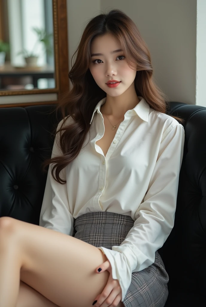 ((Highest quality, 8k, masterpiece: 1.3)), Beautiful Chinese, Pure, Melon face, Gentle and cute, A light smile, Pure desire, Slender body, (front), (Tilt your head), Long brown wavy hair, Windblown Hair, Long, flowing shoulders, Big, round, black eyes, Round Glasses, Clear, big eyes, Moist red lips, sweet, Lie with legs apart on a comfortable black sofa in a cafe shop, Blurred Background, Bright lighting, Open your mouth, Eyes that plead, ((((whole body)))), Sexy thin legs, Small and hard breasts, Lift up your skirt, ((slim and muscular body)), (M-foot:1.5), ((Lift up your skirt:1.5)), Wearing a white short-sleeved collared shirt, (Open shirt:1.3), Grey Plaid Pencil Micro Skirt, White panties under skirt, Tilt your head, (Raise the hand, Raise your arms above your head), Focus on her legs