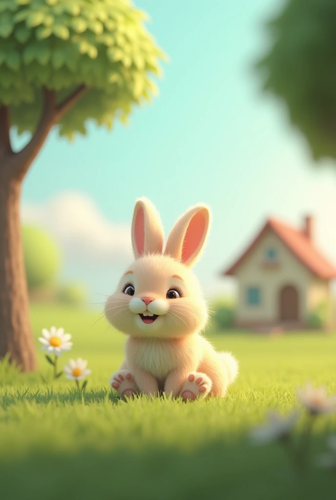 A 3D render a rabit is on a grassy field, near a tree, and a building In the background feel very good and happy mood.
The overall image has an illustration auttrophy  style.