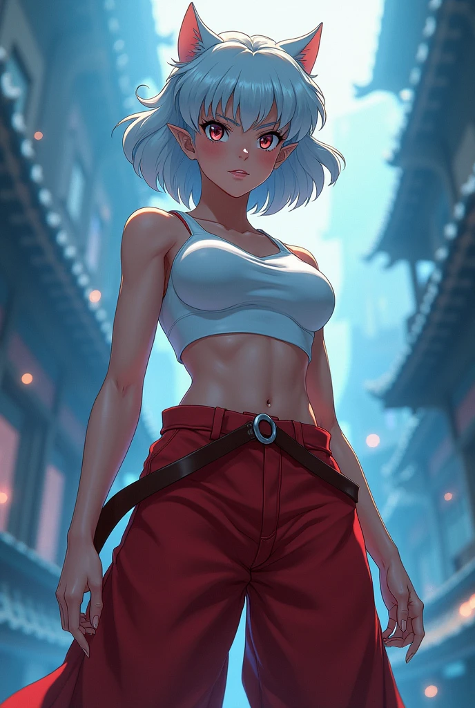 She is a full-bodied woman with the appearance of Inuyasha. He has short white hair and ears and wears clothes like Inuyasha..: Crop top and hook pants has a defiant look and an attitude like Inuyasha, being sometimes arrogant but with a good heart, The background is light blue and dark blue
