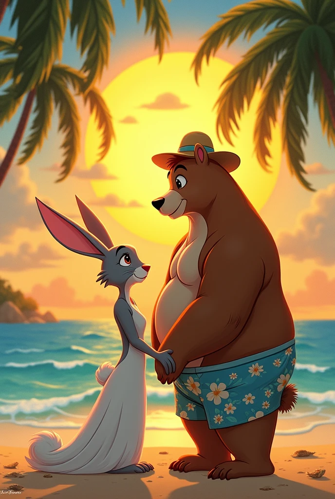 Coneja adoliscente ALTA, cuerpo sexi COLOR GRIS parada CON vistido largp blanco, IN, Ojos marronis claros, EN INN PAISAJE playero, istilo Disney , palms, Coloris cálidos, is. Greg Rutkowski, by Alphonse Mucha. Next to the rabbit is a tall brown bear., thin build with squares on the abdomen,   with clear eyes, pantaloneta color azul con floris, camisa de floris con ropa de playa y sombrero playero. holding hands in a relaxed pose sitting watching the sunset . 