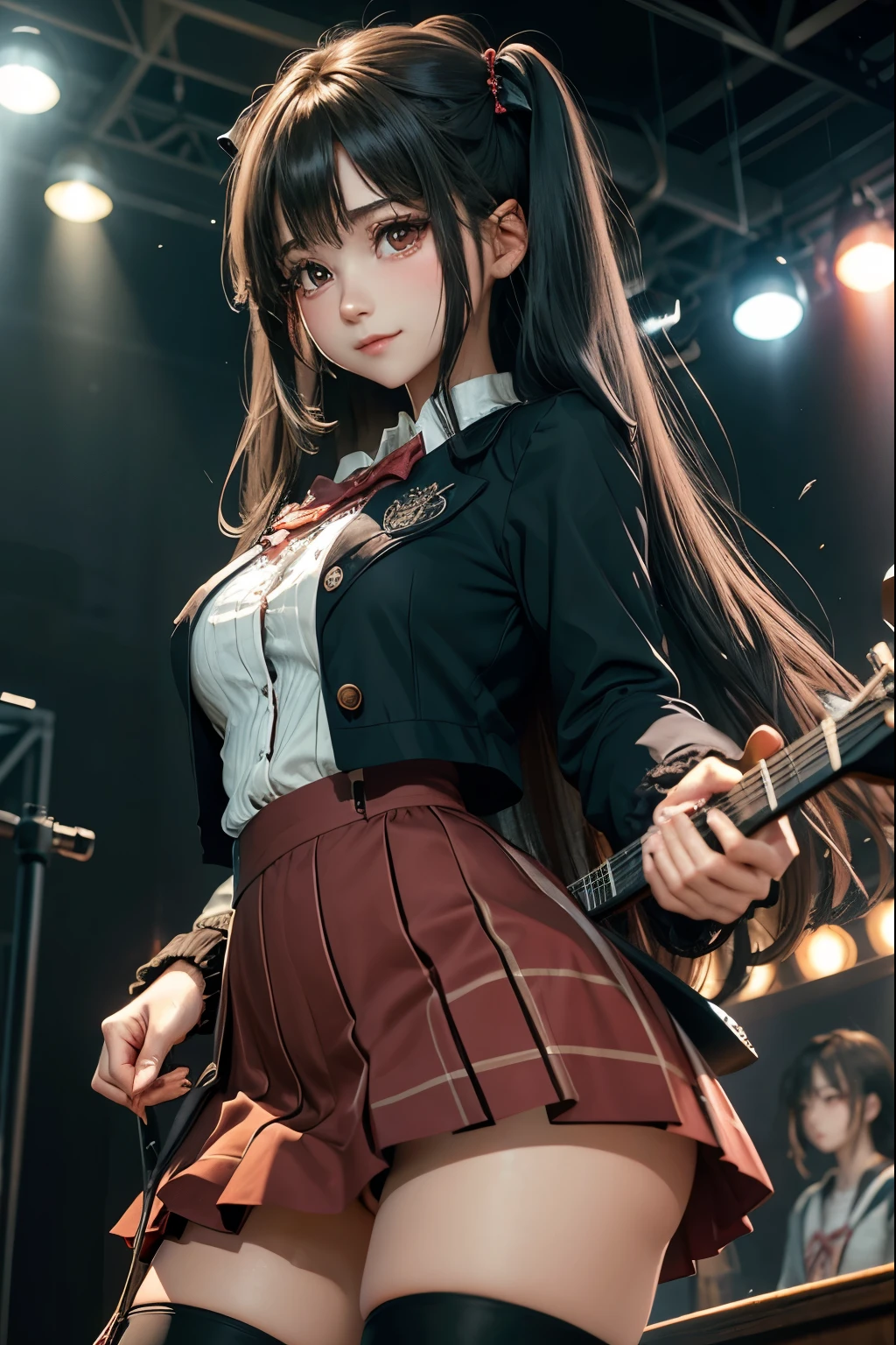 High school girl blazer、uniform、Red checked knee-length skirt、Long skirt、JK Style、Jacket、smile、Knee-high socks、Thigh-high socks、pantyhose、Extremely beautiful、Super cute、ennui、Rare Beauty、Dark black eyeshadow、sad、Skin radiance、Long Hair Straight Hair、Dark Gothic Makeup、Dark Smile、Fragrant beauty、Stained glass background、masterpiece、Highest quality、See 5 books、Sweat glistening on my chest、Sweat glistening on the face、Small breasts、2、Slightly slim、Mysterious look、Sad look、Mysterious Gothic Church、enchanting castle、Excessive sweating all over the body、Thighsに大量の汗と光、光沢のあるThighs、Thighs、Thighsに大量の汗が光る、sweat profusely、Gal、Small breasts、Japanese face、Captivating look、細いThighs、play the guitar、I have a guitar、Enthusiastic singing、バンドでplay the guitar、Playing guitar chords、Background of the live music venue、Sing a song、Open your mouth、Scenery of a live music venue、Mike stand、Glamorous live stage、Dynamic Angles、Vivid straight long hair、delicate straight hair、