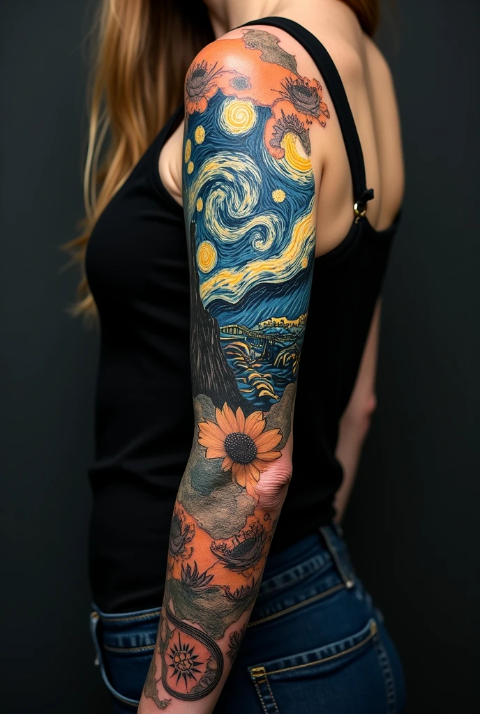 I want a full arm tattoo inspired by van Gogh and travel