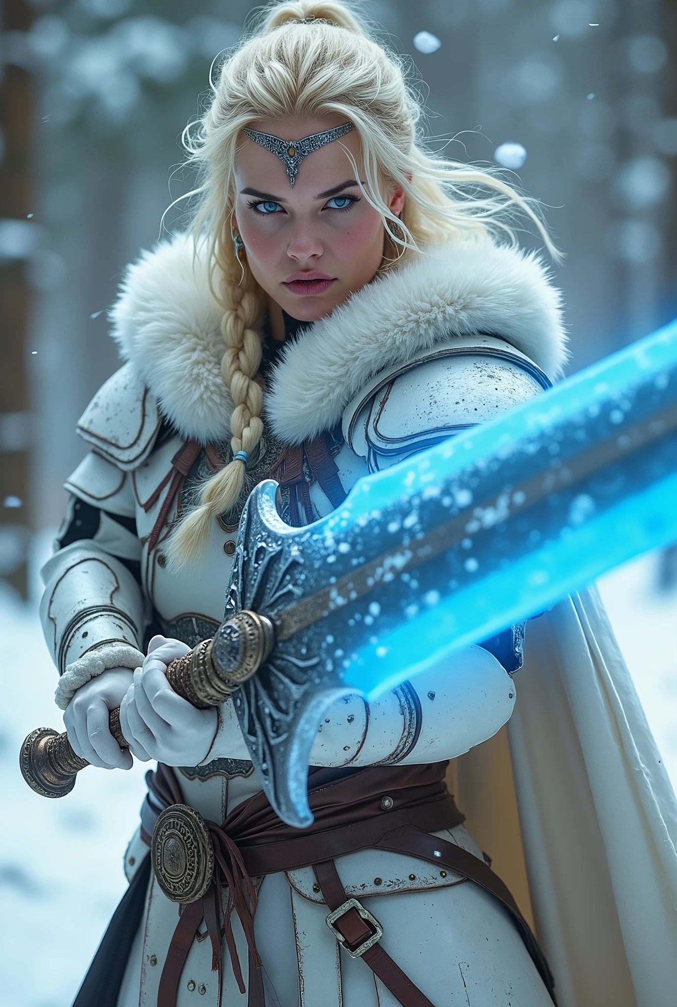 ((upper torso, armored female barbarian savage, battle worn white lacquered gloss armor:1.6, fur, white cloak, ((((supermodel, triangularface, pointed chin)), short curly [bright blonde hair:tan hair:0.7], black lips))), iceblue eyes, blackout eyeshadow, iron tiara), braids, massive glowing blue fang engraved sword, windy, outdoor frozen snow snowy forest, dynamic battle pose, lunging, side view
