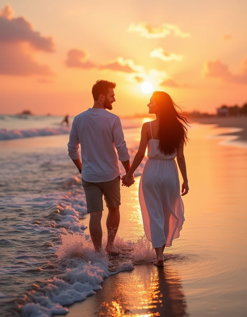 A realistic, 4K image of a couple walking hand-in-hand along the beach at sunset. The sun is low on the horizon, casting a warm orange and pink glow across the sky and reflecting off the calm ocean waves. The couple is smiling softly at each other, their feet splashing lightly in the water. The atmosphere is peaceful and intimate, with a gentle breeze blowing through their hair.