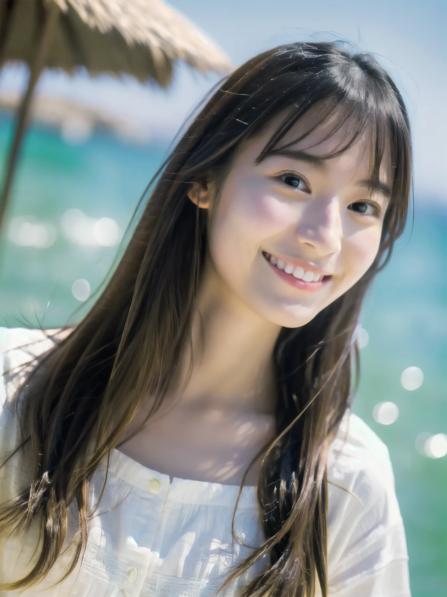 Japanese, one person, 20-year-old, cute, smile, bright, The background is the seaside, Sunlight, one piece, highest quality, shape, Very detailed, finely, High resolution, 8k wallpaper, Perfect dynamic composition, Beautiful and exquisite,one person,Small face, True Face