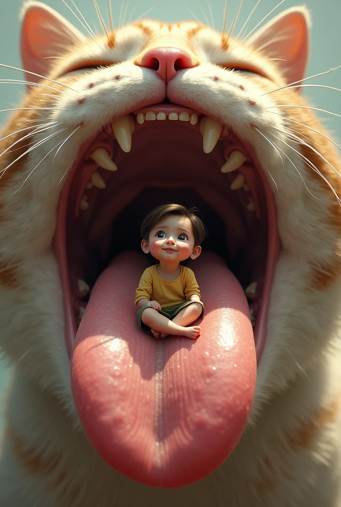 A kid sitting on a cats tongue