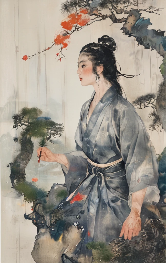 White silk cloth is cut into the shapes of tigers and female swordsmen and arranged three-dimensionally to resemble a painting, The background is also made of white silk cloth, arranged like a path in a forest surrounded by trees, The silk cloth shines beautifully in the light, creating a three-dimensional effect, A female swordsman rides on the back of a tiger and wields a sword