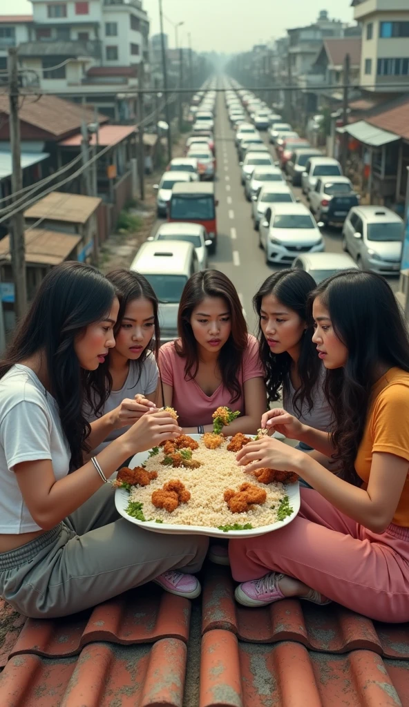 5 beautiful Indonesian women, sligthtly fat body, white skin, long wavy hair, big nose, wearing a t-shirt, long trousers, wearing pink sneakers, angry face, sitting on the roof tiles of the house, while eating a large plate of rice and fried chicken, crowded with vehicles, minimal flawed, highly detailed, realistic