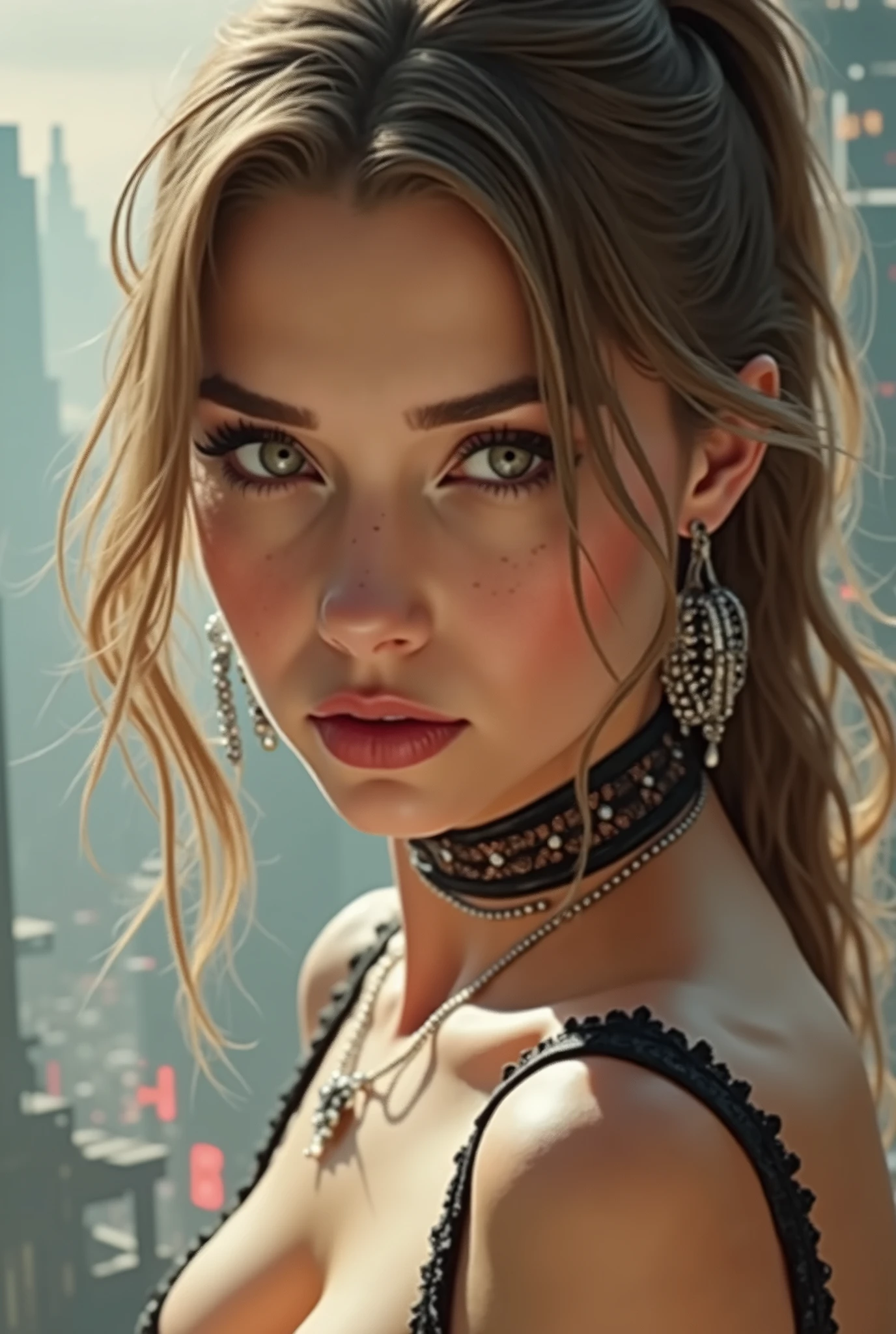 Gothic woman, blondes, City Cyberpunk 