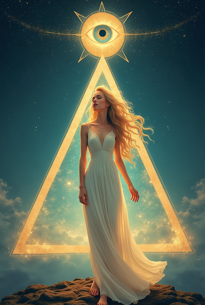 label for beer "MONJE OF SKY":
central character: A beautiful blonde woman in an elegant dress, barefoot.
Symbolic Element: The woman is located inside an equilateral triangle, that stands out in the design.
bottom: A starry night sky, using light and soft colors.
Mystical element: in the sky, There is a second smaller equilateral triangle with an eye in the center (in the style "All-seeing eye").