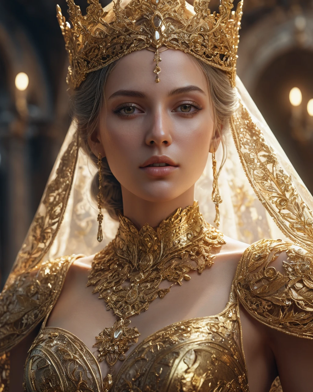 A close-up of a woman in a gold dress and veil, karol behind uhd, a beautiful fantasy empress, 8K high quality detailed art, Beautiful lady, UNREAL ENGINE RENDERING + a goddess, ((a beautiful fantasy empress)), Beautiful lady de fantasía, a stunning portrait of a goddess, Highly detailed 4k digital art, beautiful fantasy art portrait