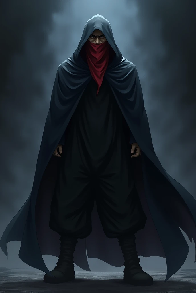 Anime villian with a small buff body, a dark cloak, full dark cloathes, no skin showing, dark aura and a red bandanna