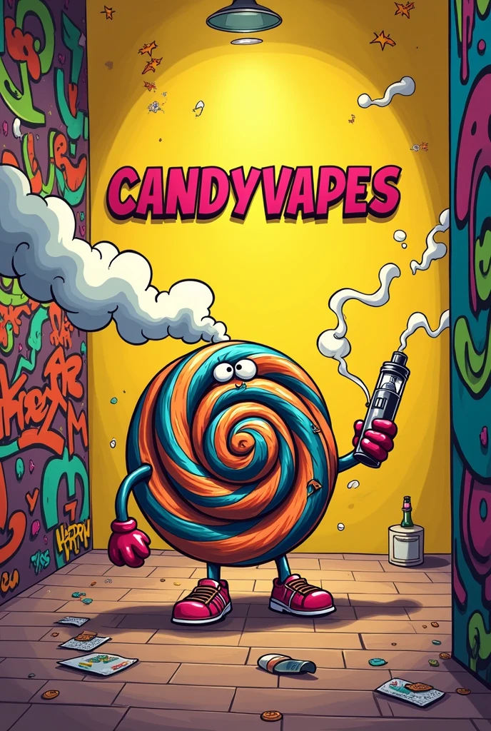 An expensive cartoon style lollipop smoking an expensive vape all happy, with a yellow background with walls full of graffiti with smoke in the room (retro caricature)with a retro, vintage and playful style and a large letter saying CandyVapes